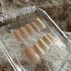 Beige Cat-eye Round Square Shape Press-on Nails, Feminine Whimsical Nails, Sz S